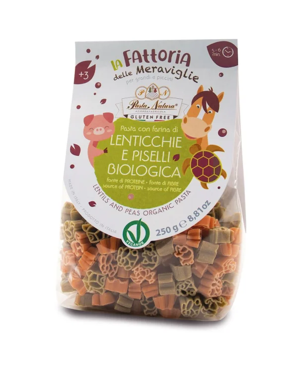 MAKARON Z SOCZEWICY I GROSZKU Dla Dzieci Zwierzęta Farma Bezglutenowy BIO 250 g - Pasta Natura